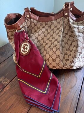 Vintage Gucci Monogram Large Silk Scarf – 1970s Burgundy & Gold RARE Old Money